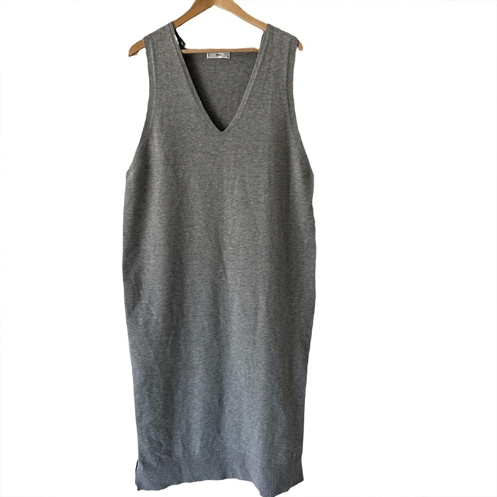 Mango Women's Gray V Neck Gray Sleeveless Knit Midi Long Line Vest Dress Size L